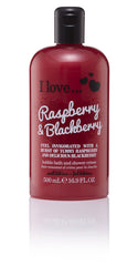 I LOVE front bottle view showing raspberry blackberry scent and moisturizing benefit