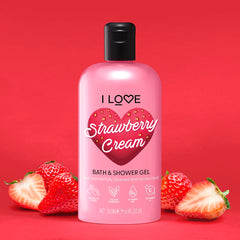 I LOVE bottle in a bathroom lifestyle scene conveying relaxing fragrant bath