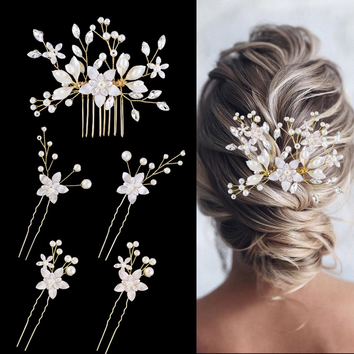 IAXSEE front view of five hair pins showcasing floral design and bridal elegance