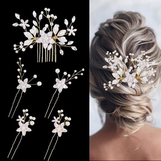 IAXSEE front view of five hair pins showcasing floral design and bridal elegance