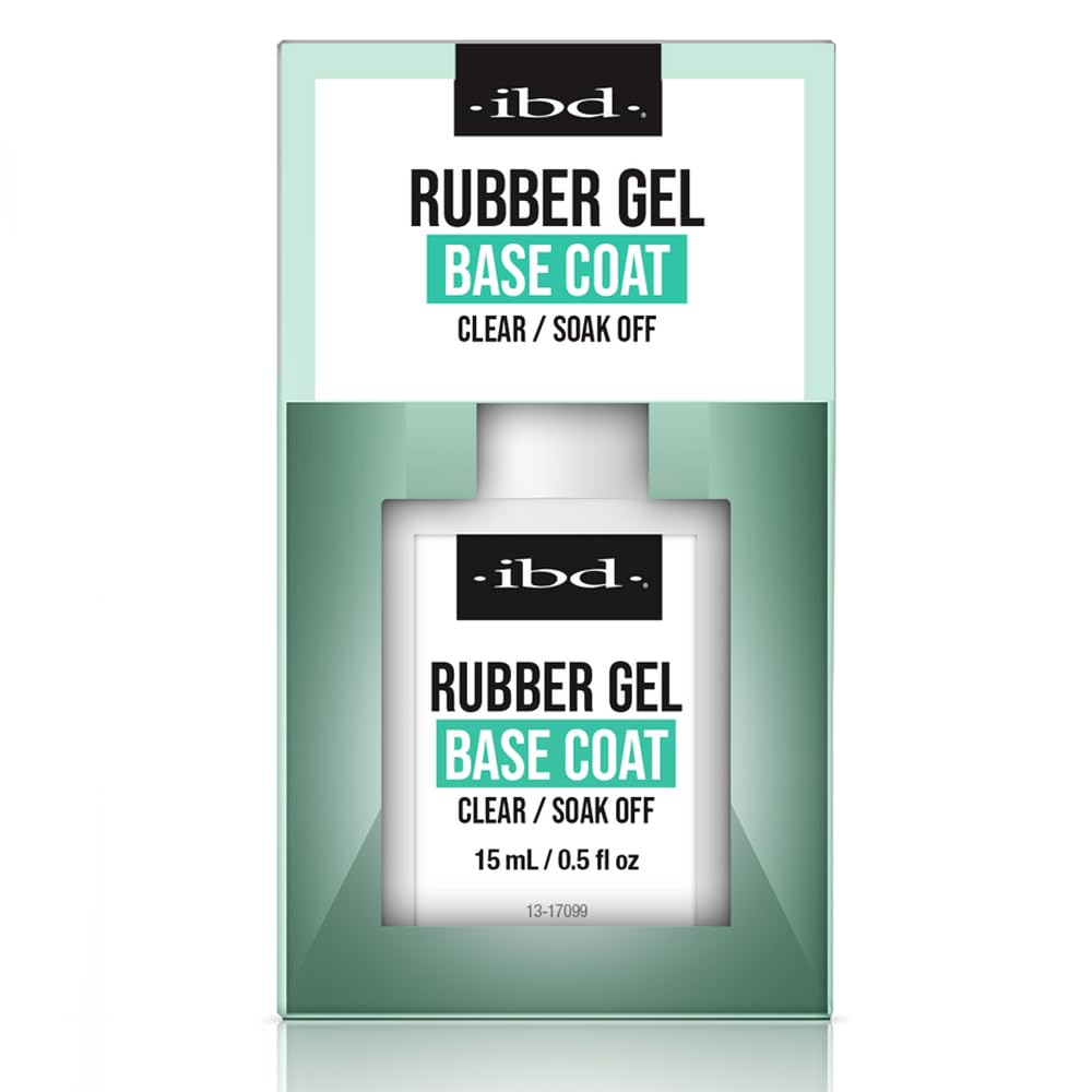 IBD rubber base gel bottle front view showing product branding and clear formula benefit
