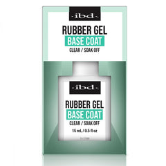 IBD rubber base gel bottle front view showing product branding and clear formula benefit