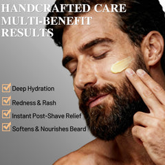 ICIKOL balm being applied to beard to soften hair and condition skin benefit