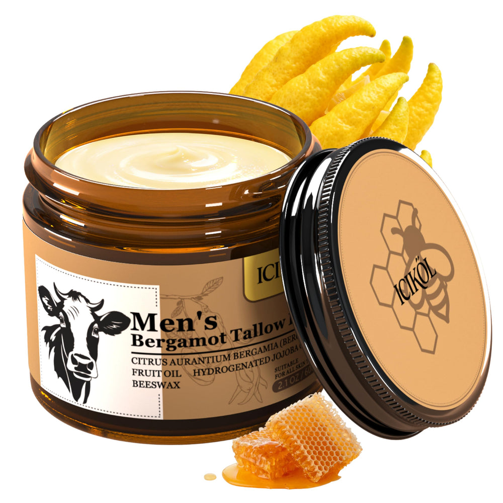ICIKOL front jar of grass-fed beef tallow balm showing product and branding benefits