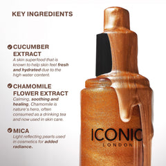 ICONIC LONDON mist spraying across face for even coverage and hydration