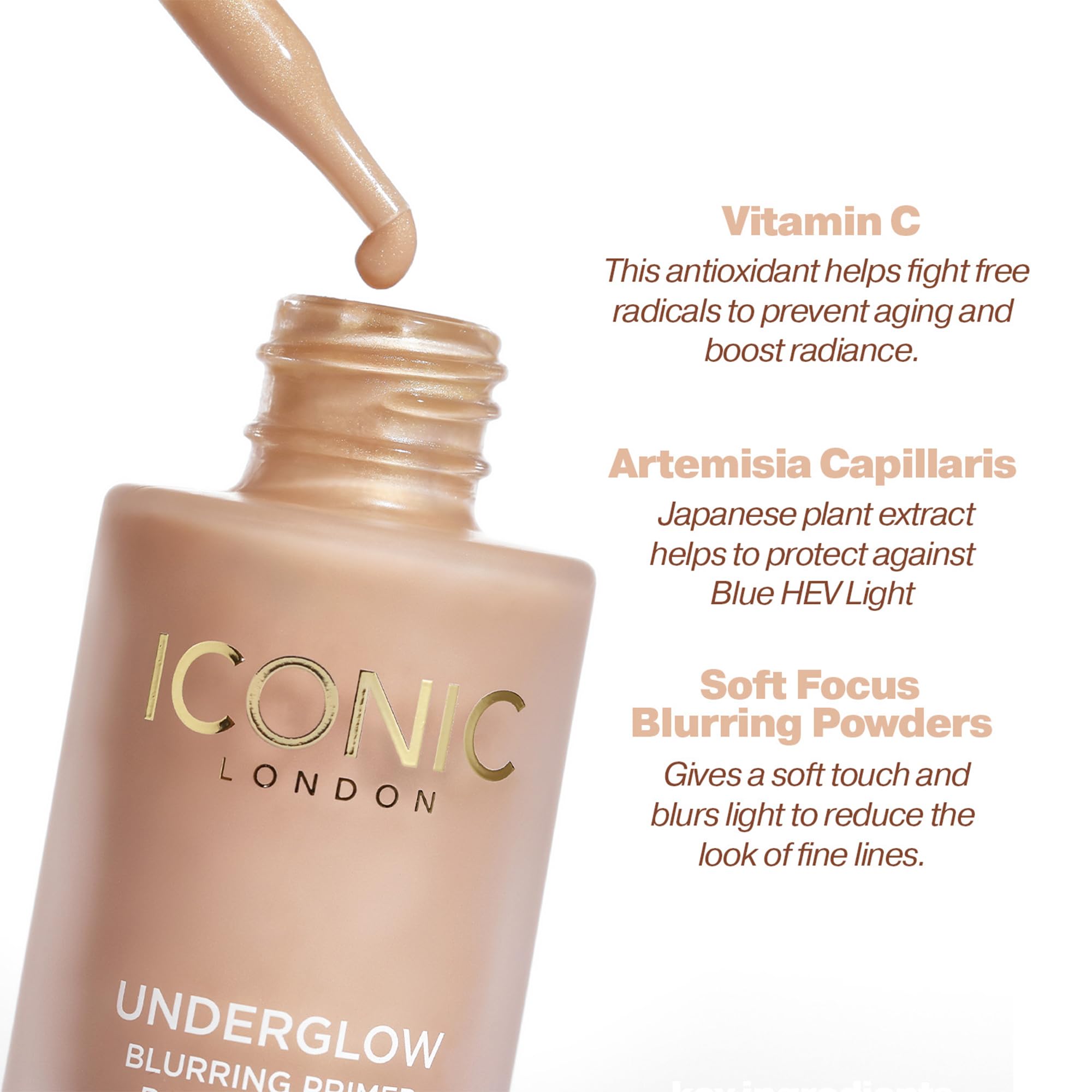 ICONIC LONDON primer bottle in hand for scale, showing travel-friendly 0.91 fl oz size