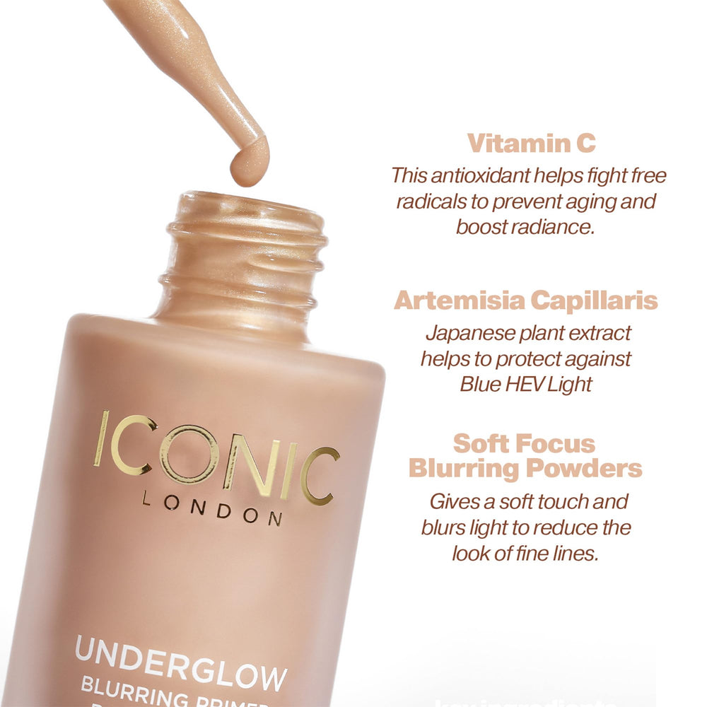 ICONIC LONDON primer bottle in hand for scale, showing travel-friendly 0.91 fl oz size