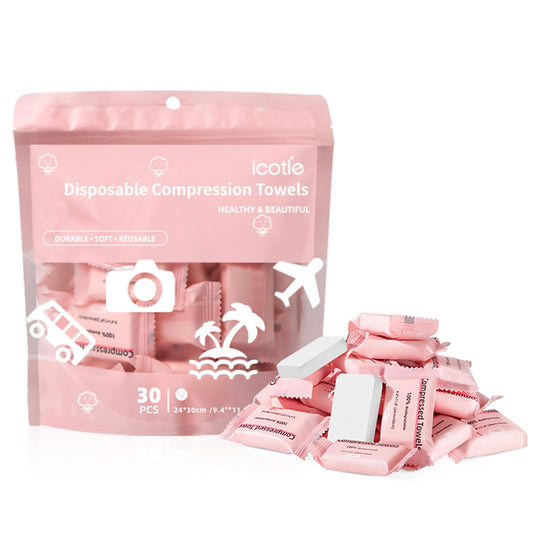 ICOTLE front packaging showing 30-piece compact towels for travel convenience