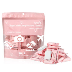 ICOTLE front packaging showing 30-piece compact towels for travel convenience