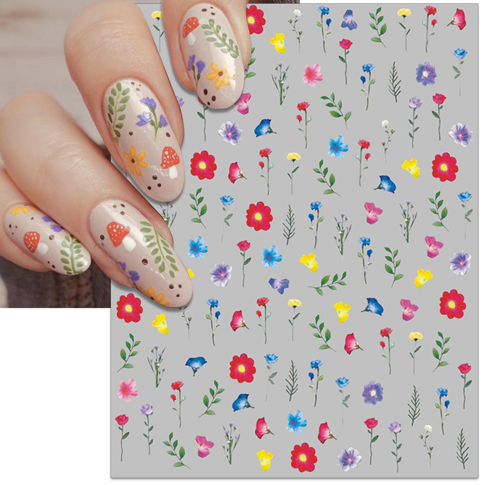 IDDFEVE finished manicure with floral leaf decals offering a soft seasonal look