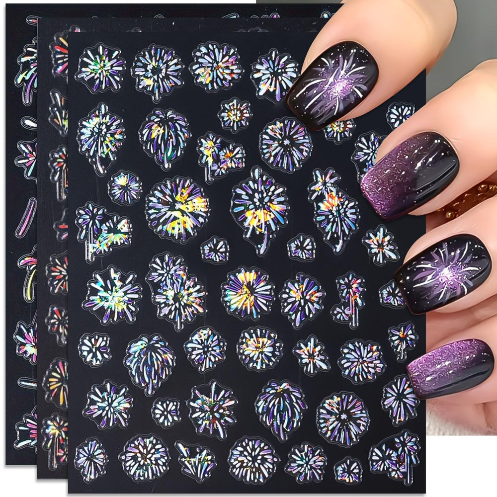 IDDFEVE front packaging showing three glitter firework decal sheets and colorful designs for festive nails