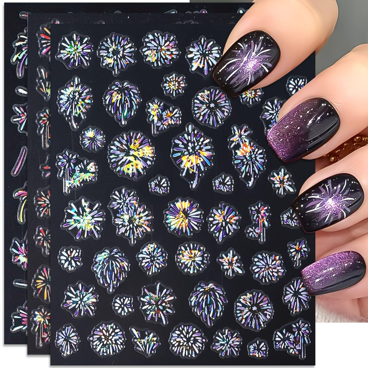 IDDFEVE front packaging showing three glitter firework decal sheets and colorful designs for festive nails