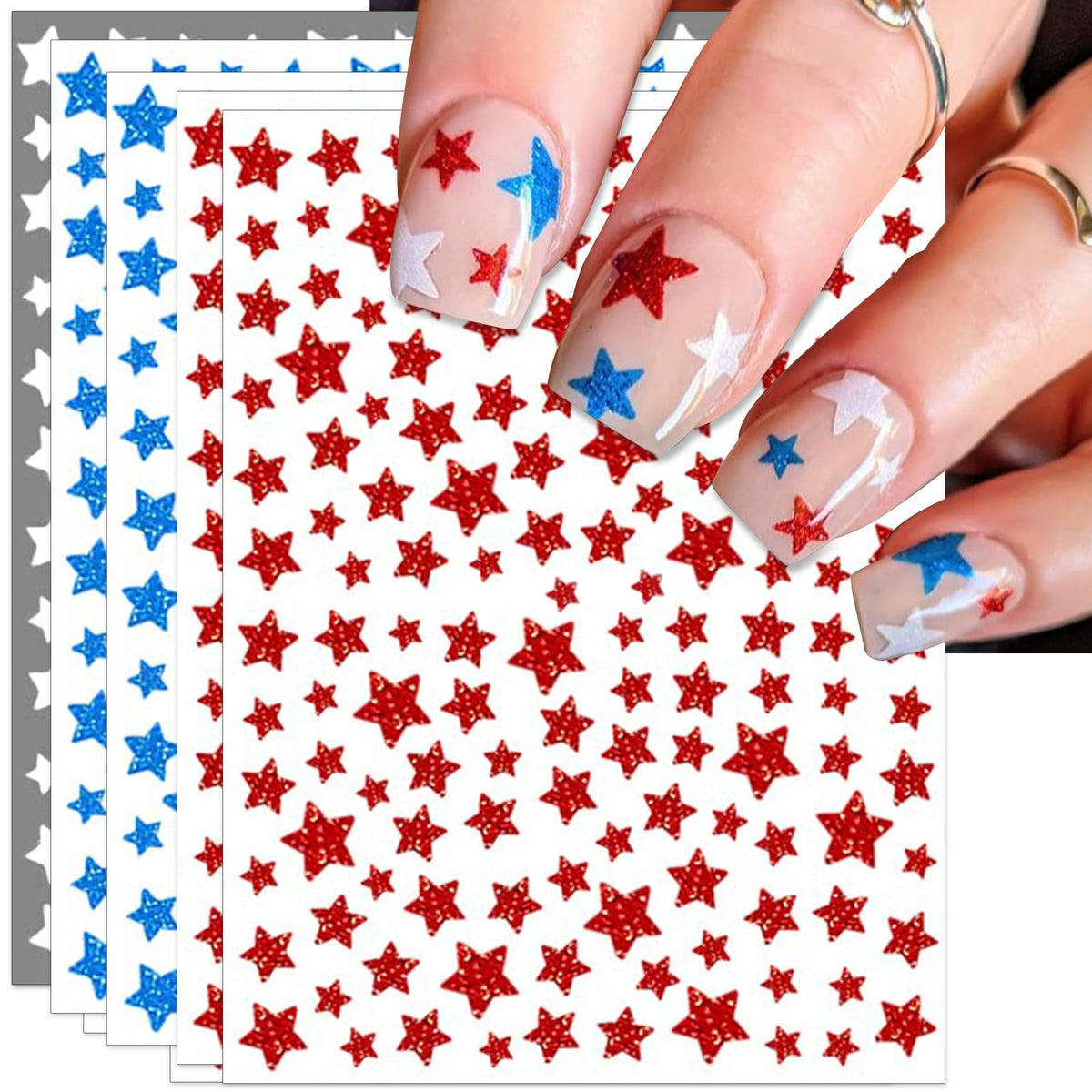 IDDFEVE front packaging showing glitter red blue white stars, easy festive manicure