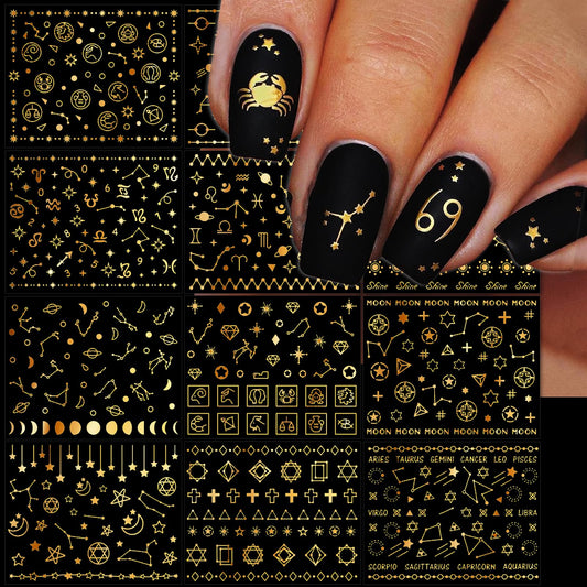 IDDFEVE front packaging showing 12 gold galaxy zodiac sheets for versatile manicures