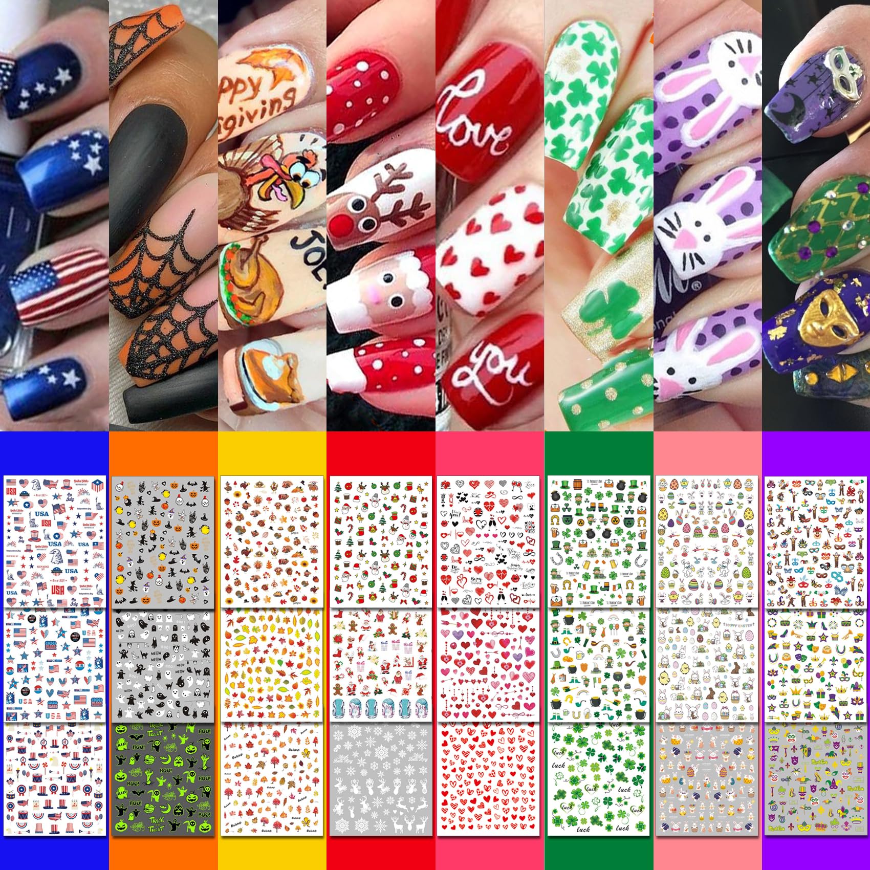 IDDFEVE front packaging showing full 30-sheet holiday nail sticker set and convenience