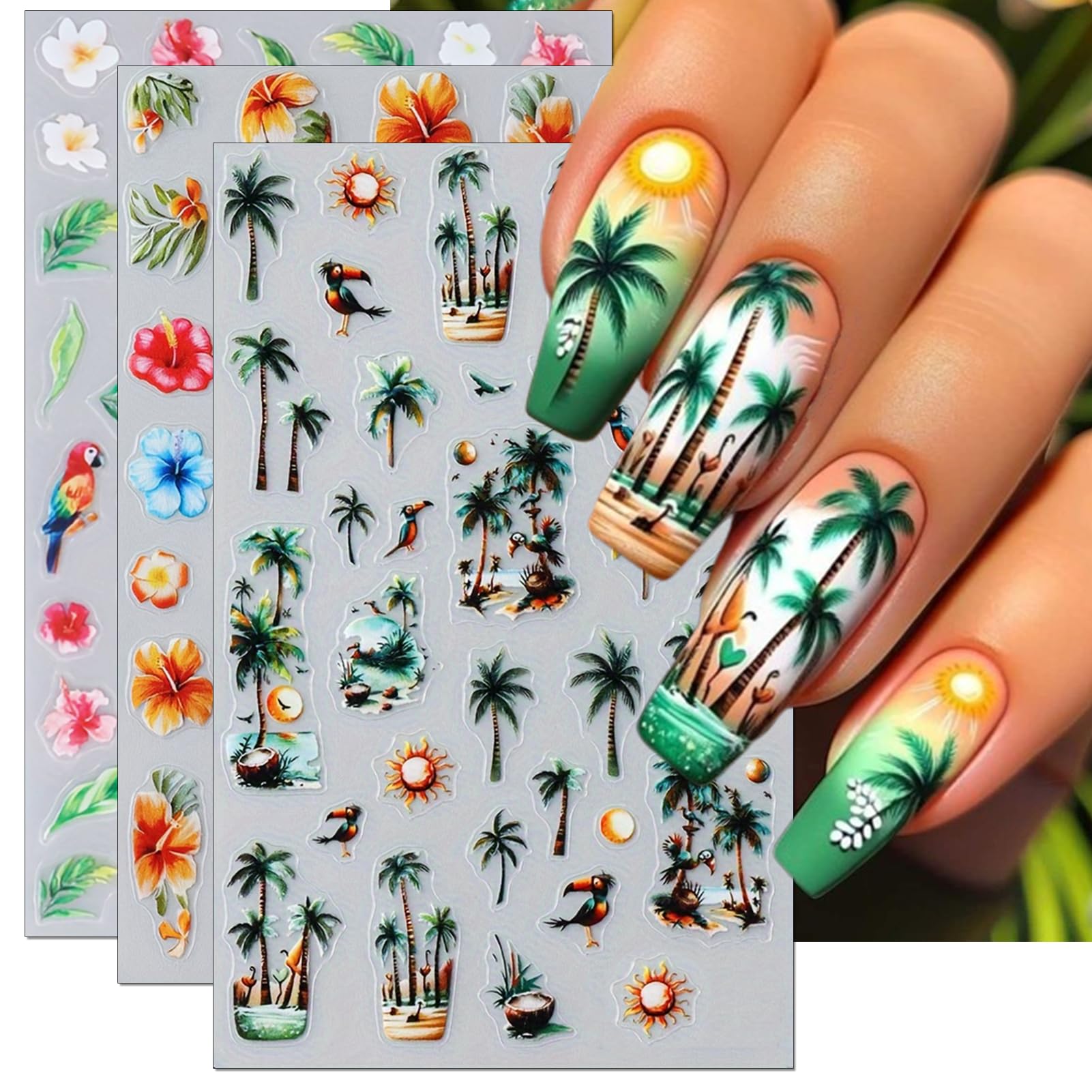 IDDFEVE front packaging showing three tropical nail decal sheets and benefits