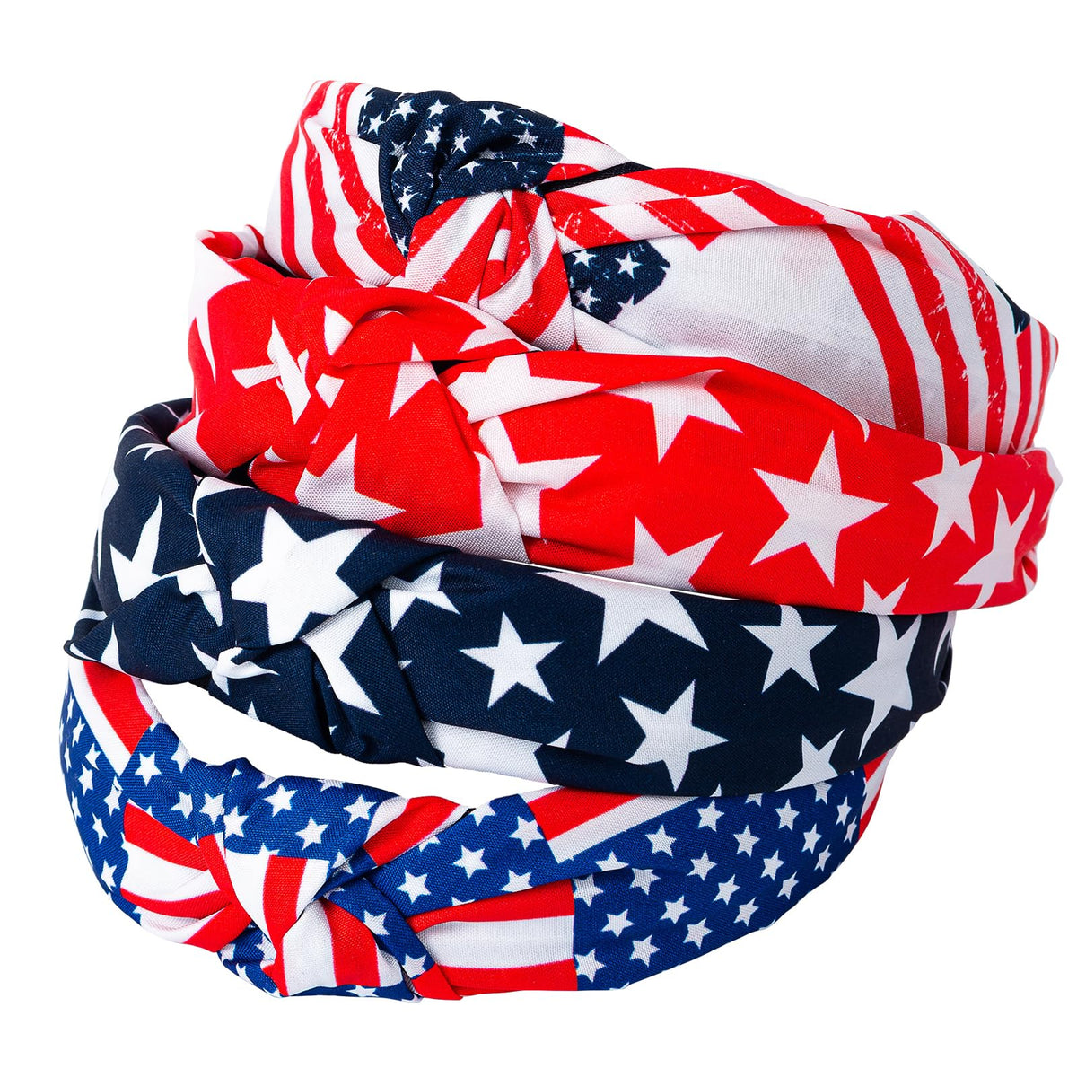 IDDFEVE front view of four patriotic headbands showing color variety and convenience