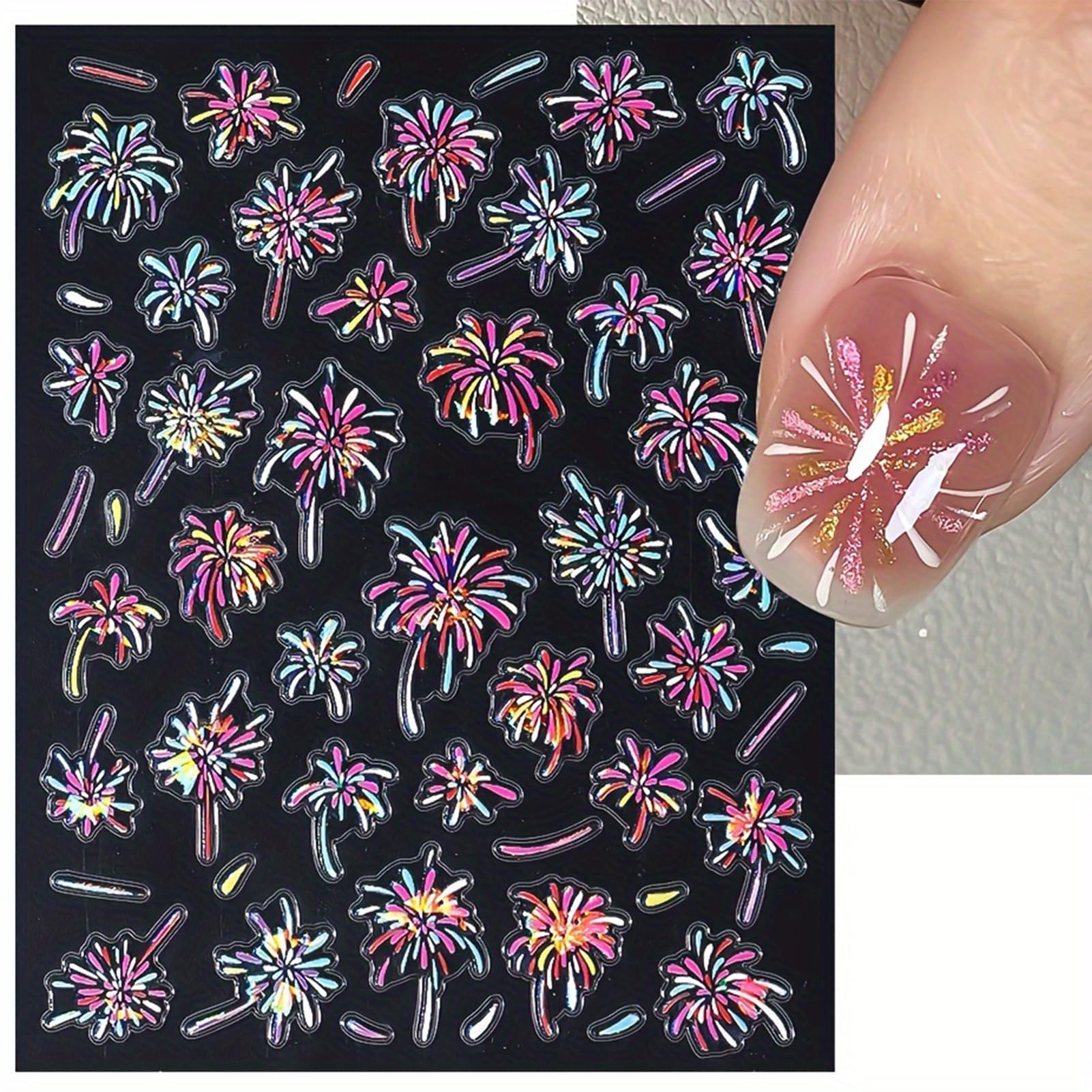 IDDFEVE gel nail finished with firework decal demonstrating strong adhesion and bright sparkle