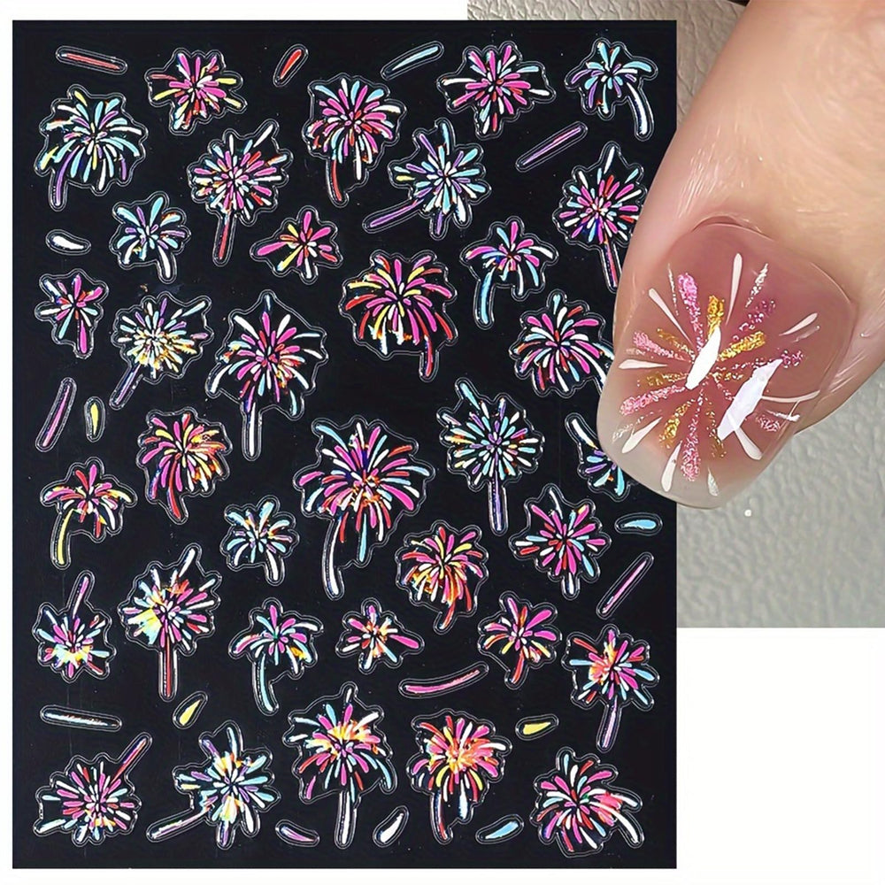 IDDFEVE gel nail finished with firework decal demonstrating strong adhesion and bright sparkle