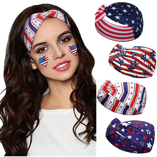 IDDFEVE headband front view showing patriotic patterns and ready-to-wear benefit