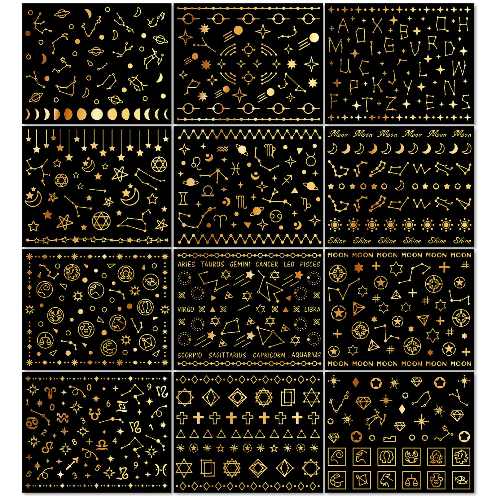 IDDFEVE styled manicure with golden astrology decals for a luxe cosmic look