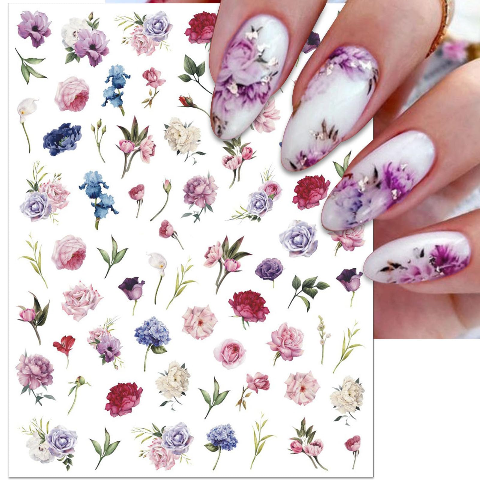 IDDFEVE application on fingernails demonstrating peony decals providing an elegant floral look