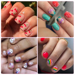 IDDFEVE size comparison with a fingertip showing multiple sticker sizes for small nails