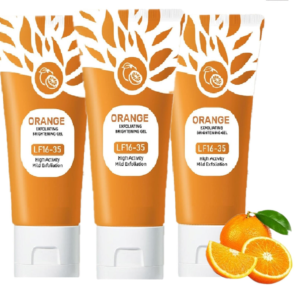 Identicalven front packaging showing three orange exfoliating gel tubes and benefits