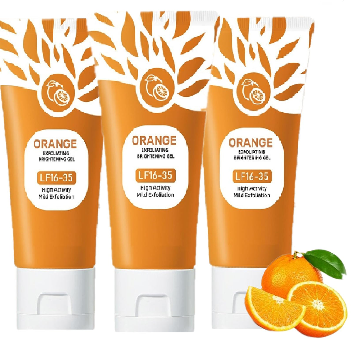 Identicalven front packaging showing three orange exfoliating gel tubes and benefits