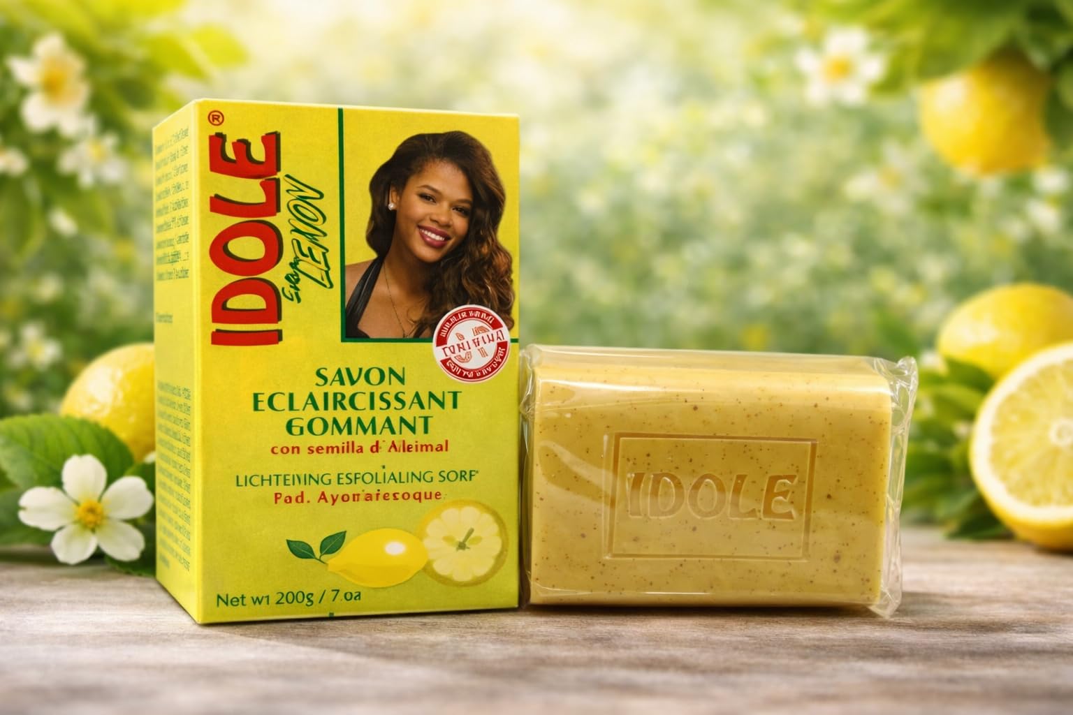 Idole bar front packaging showing lemon exfoliating soap and brightening benefit
