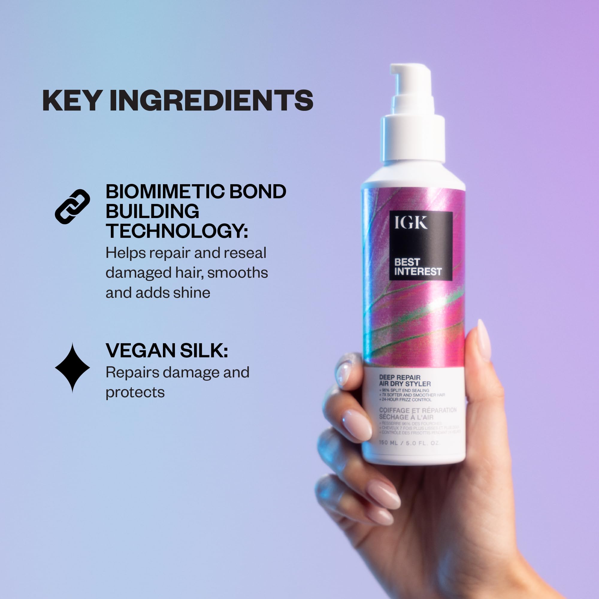 IGK Best Interest applying cream to hair ends, benefit: repairs and smooths split ends