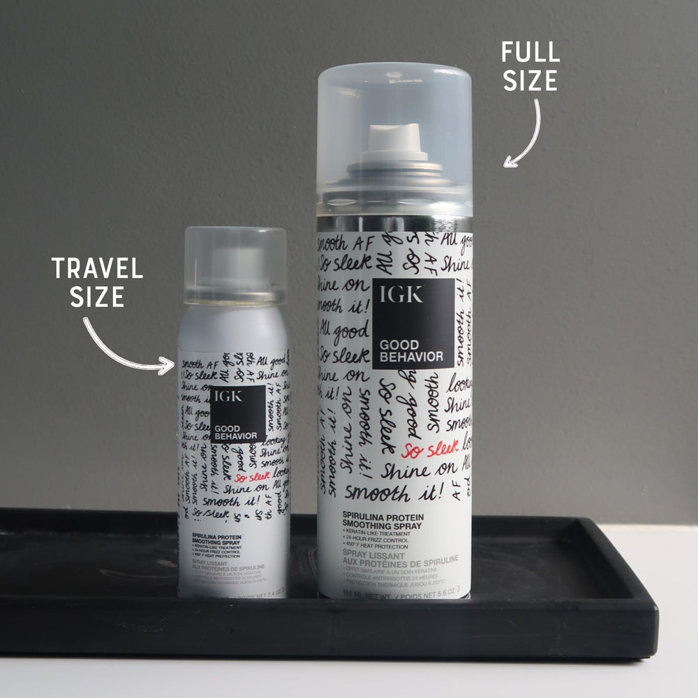 IGK full-size smoothing spray bottle close-up highlighting brand and benefits