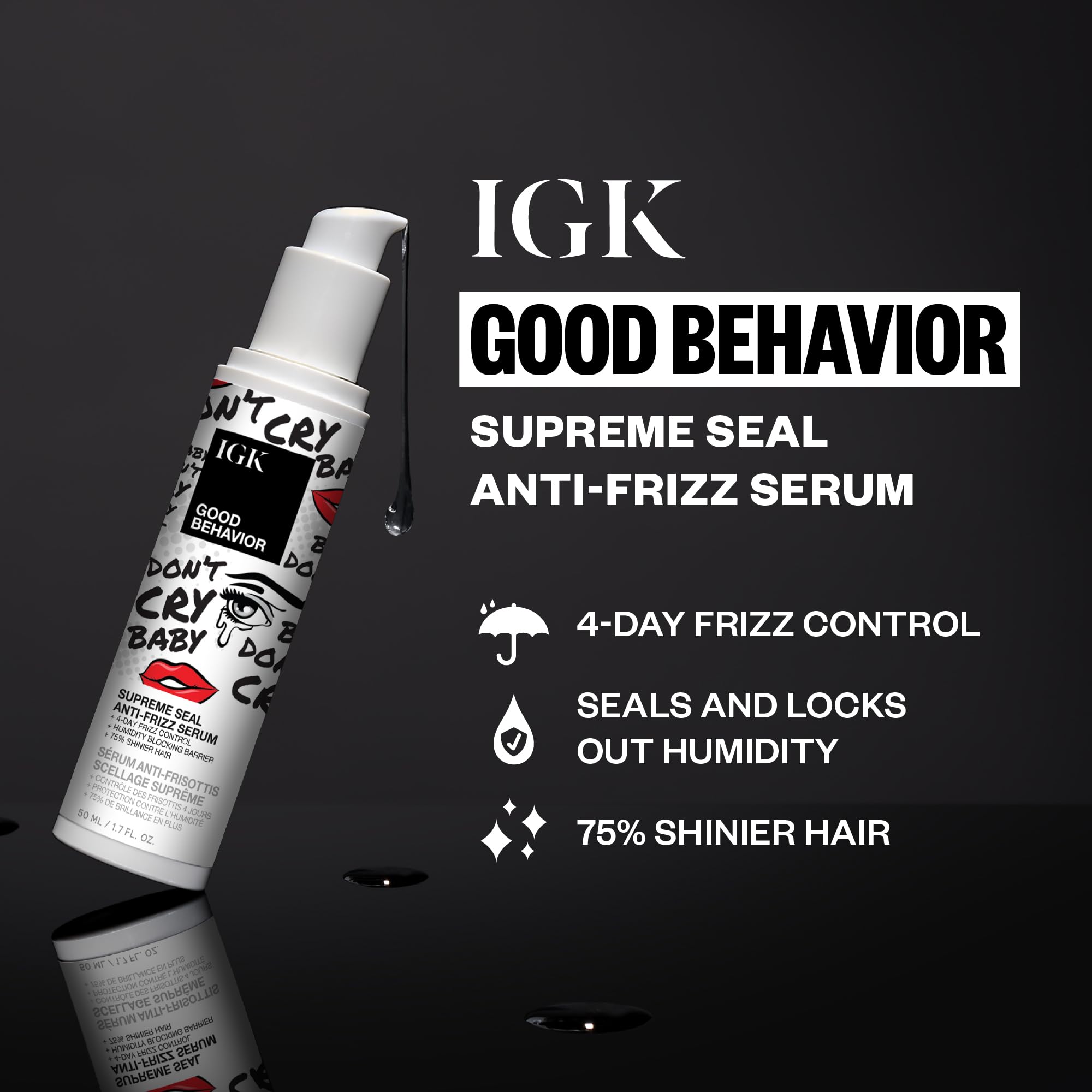 IGK Good Behavior pump close-up highlighting dispenser for precise, low-waste application