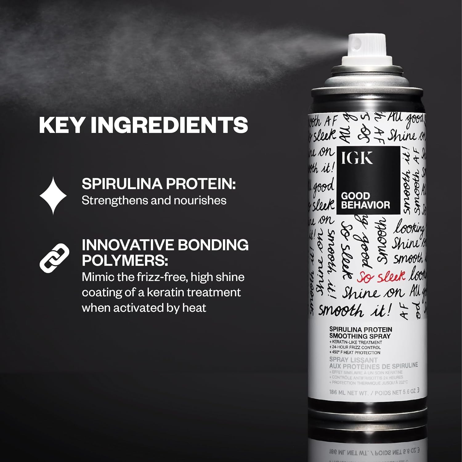 IGK travel-size smoothing spray bottle shown for carry-on styling protection