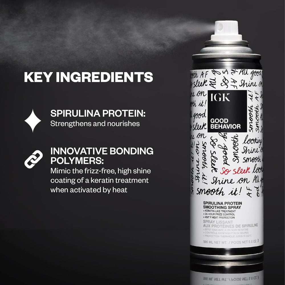 IGK travel-size smoothing spray bottle shown for carry-on styling protection