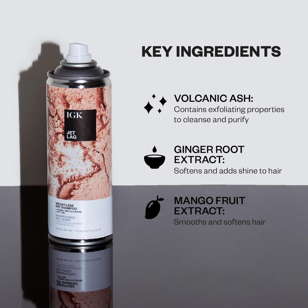 IGK Jet Lag ingredient label highlighting volcanic ash and botanicals