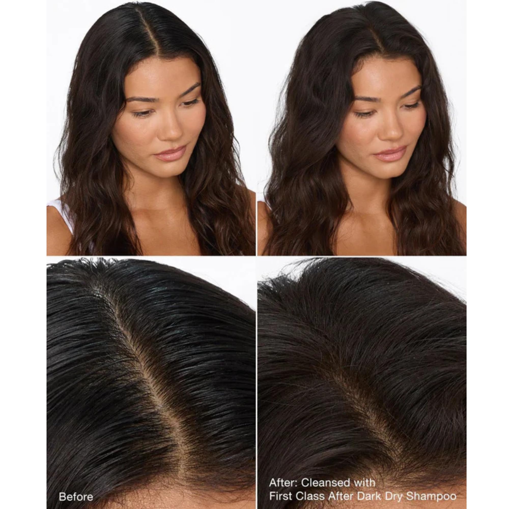 IGK before and after on dark hair showing no white residue