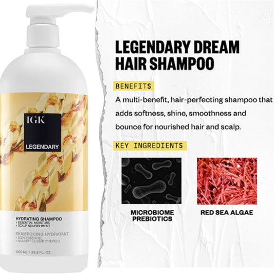 IGK shampoo label close-up highlighting microbiome prebiotics and scalp support benefit