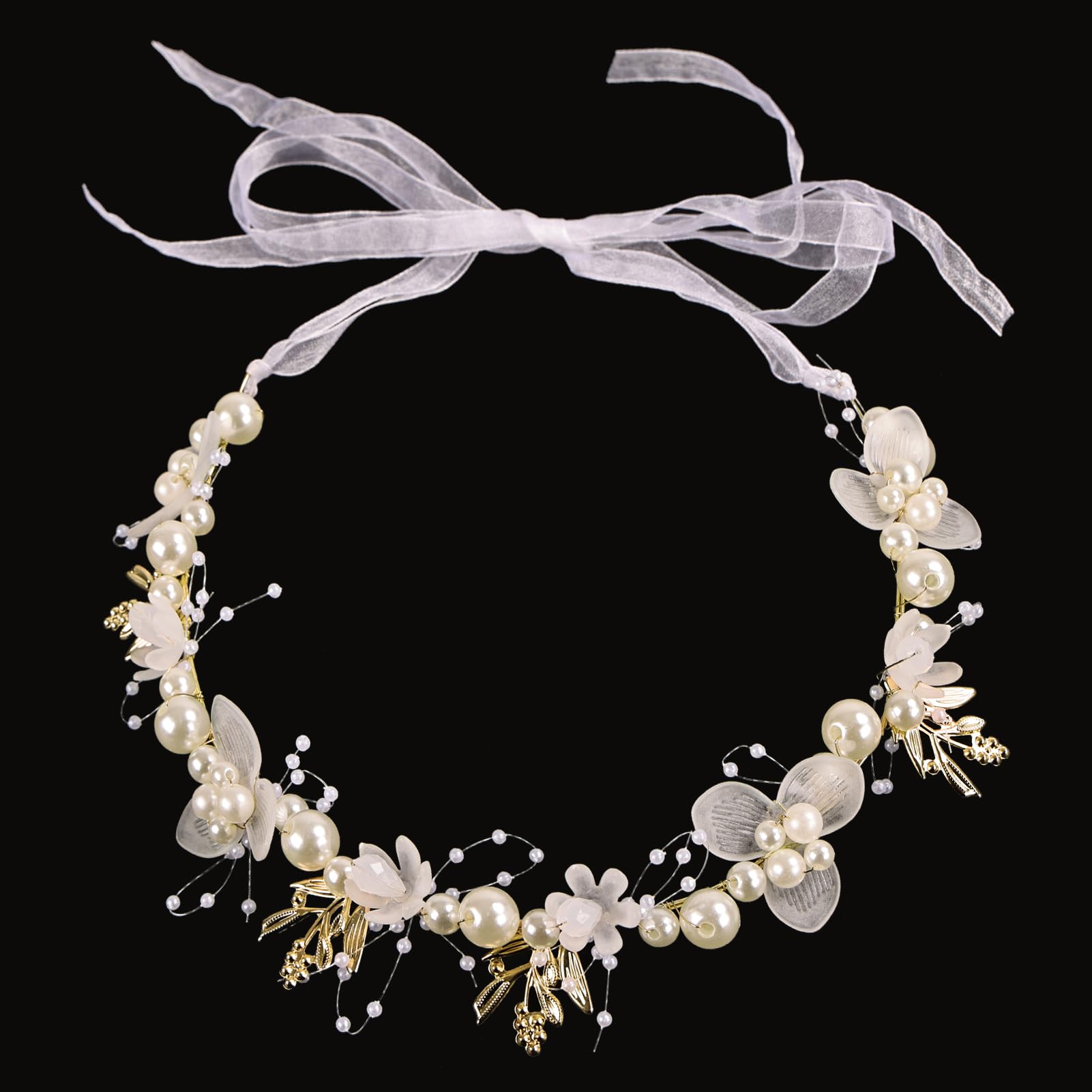 iHUFeather golden pearl headband front view showing elegant design and bridal-ready look