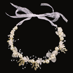 iHUFeather golden pearl headband front view showing elegant design and bridal-ready look