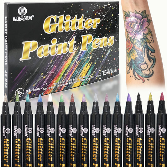 IJIANG front packaging showing 15 metallic glitter pens and vibrant colors for events