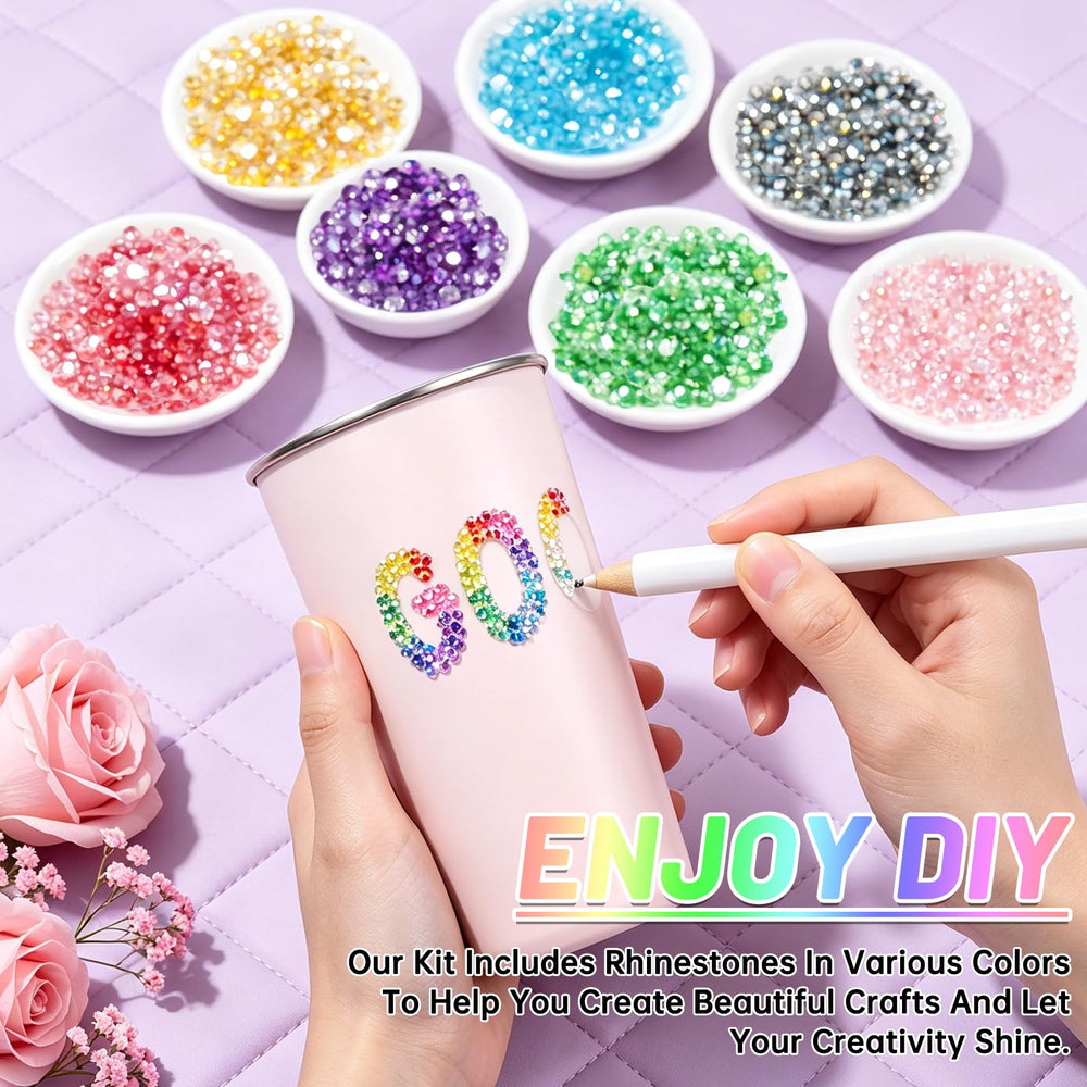 IKKAB angled tweezers and wax pick-up pen arranged to speed precise rhinestone placement