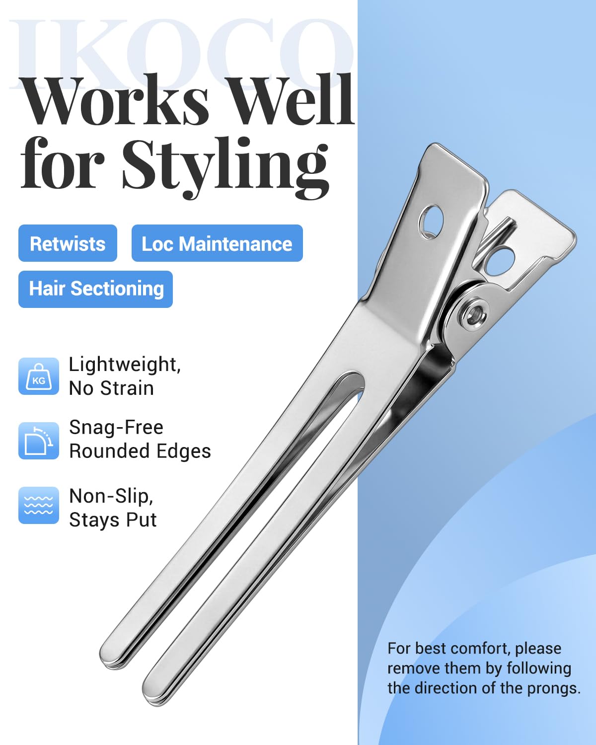 IKOCO close-up of double-prong metal clip highlighting secure grip
