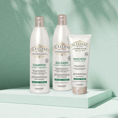 Bathroom shelf with Il Salone Milano bottle staged for a salon-quality lifestyle look