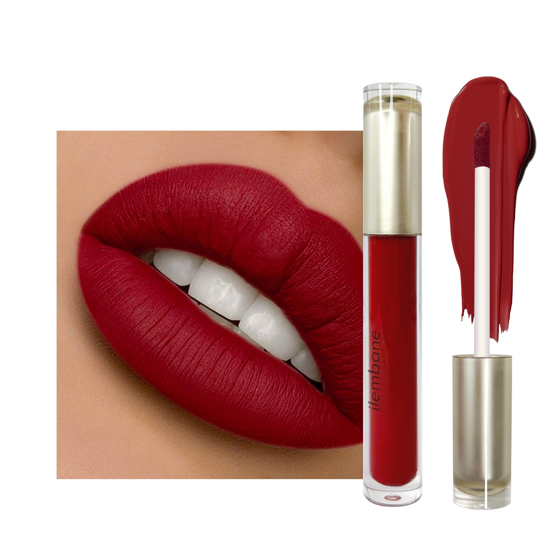 ilembane front packaging showing deep red matte tube and elegant branding benefit bold presentation