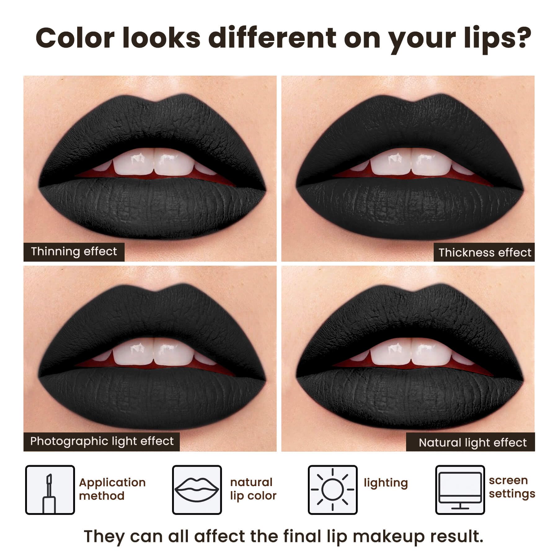 ilembane lips closeup wearing pure black showing flawless coverage and camera-ready finish benefit dramatic look