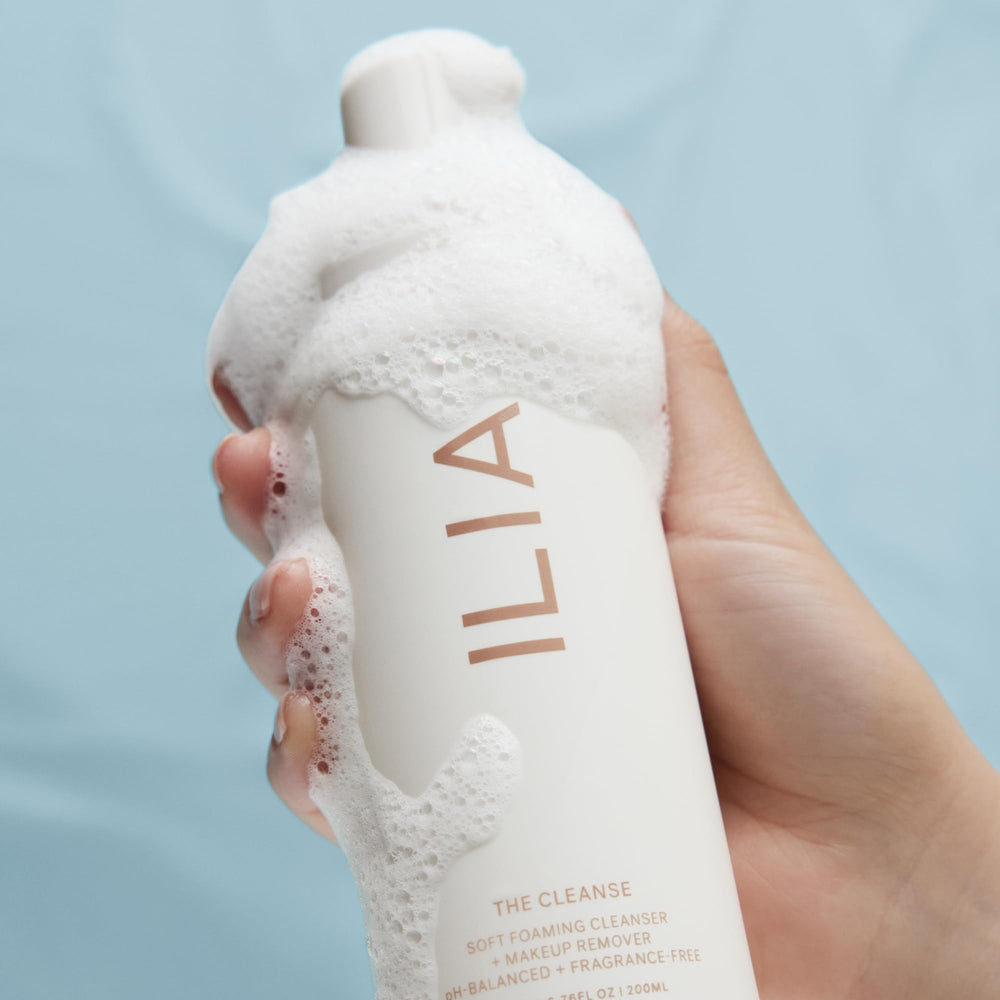 ILIA cleanser in bathroom setting showing effortless morning use