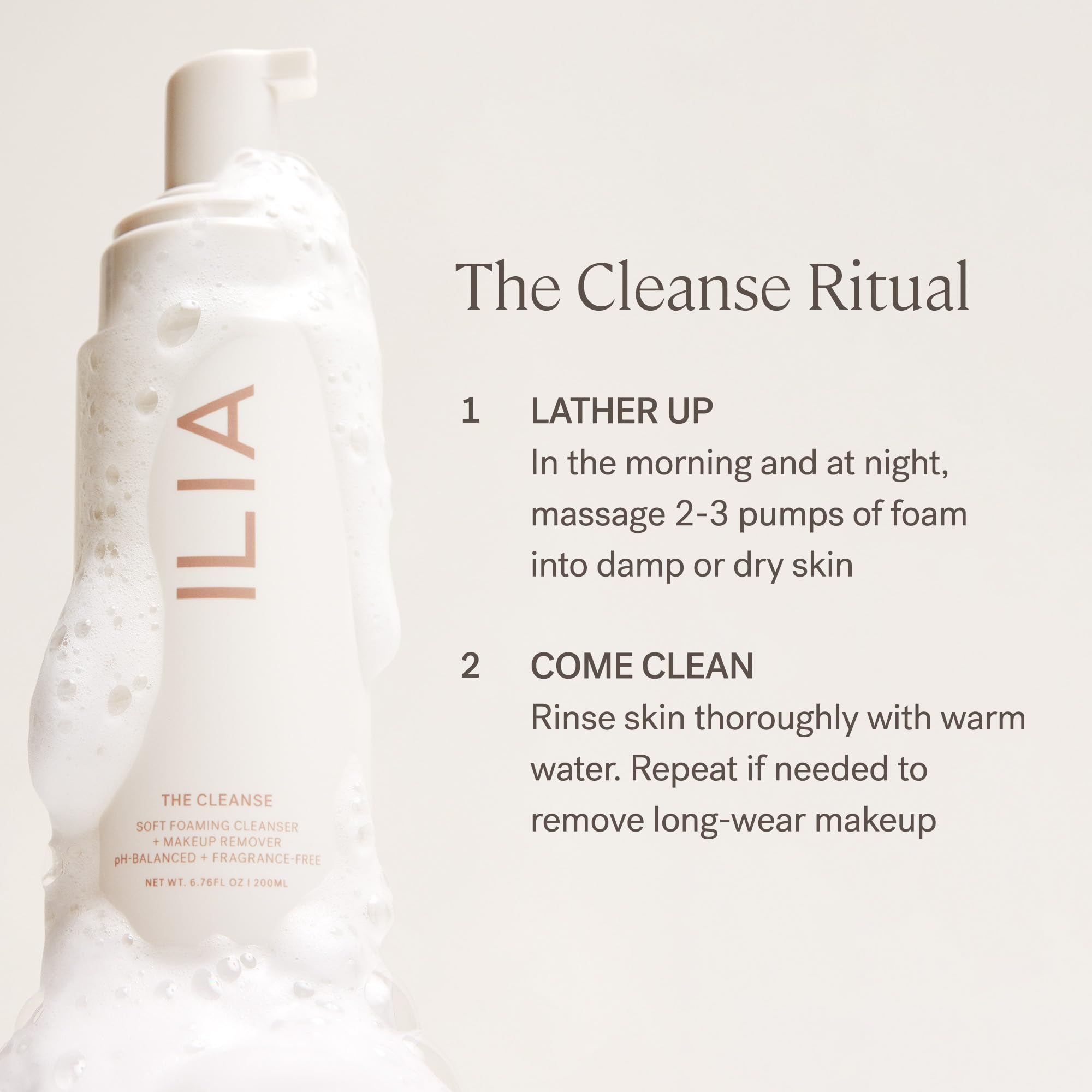 ILIA ingredients flatlay featuring plant-derived sugar complex and surfactants