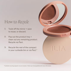 ILIA compact next to coin showing 0.27 oz size for scale