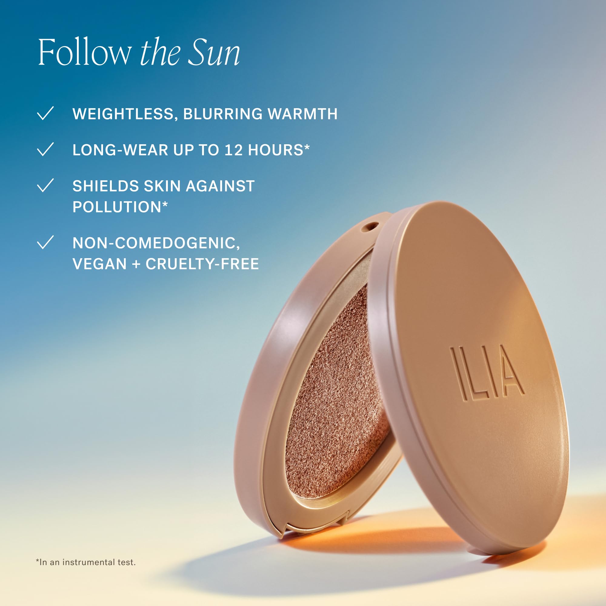 ILIA compact held in hand to show product scale and portable size benefit